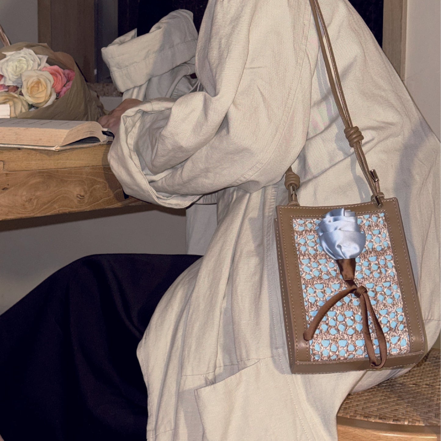 Orenda Khaki Woven Raffia bag